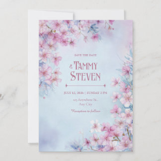 Lavender Pink Watercolor Sakura Border Wedding Kaart