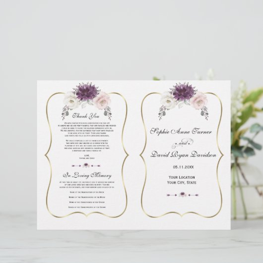 Lavender Pink White Floral Gold Wedding Programme (Staand voorkant)
