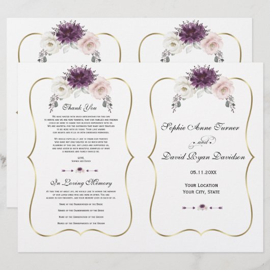 Lavender Pink White Floral Gold Wedding Programme (Voorkant / Achterkant)