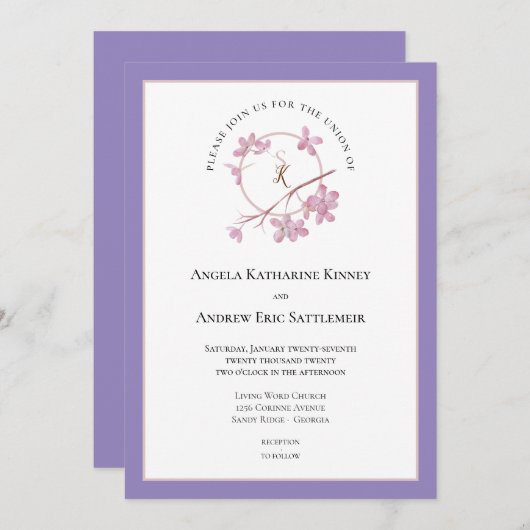Lavender Plum Blossom Initialen Invitation Kaart (Voorkant / Achterkant)