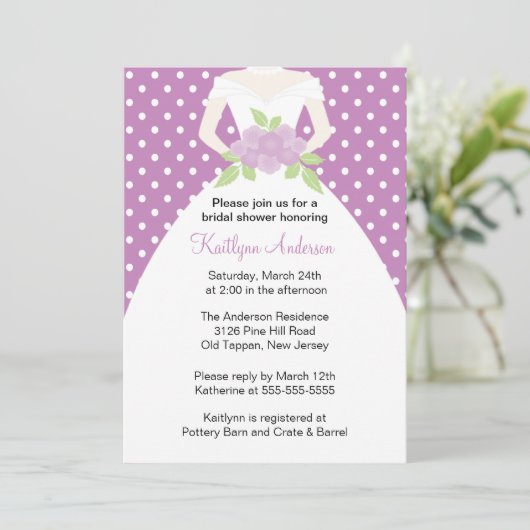 Lavender Polka Dot Bridal Shower Invitation Kaart (Staand voorkant)
