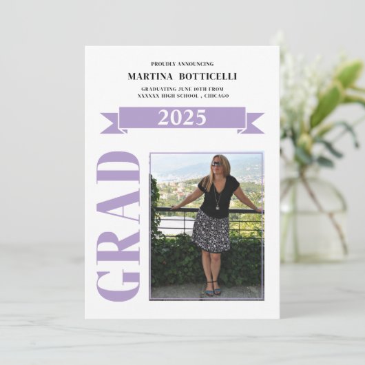 Lavender Polka Dots Foto Afstuderen Aankondiging (Staand voorkant)