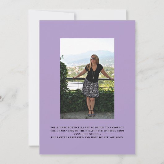 Lavender Polka Dots Foto Afstuderen Aankondiging (Achterkant)