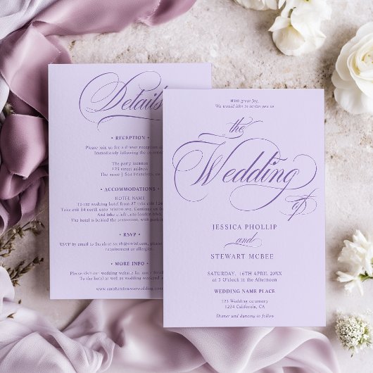 Lavender Purple all in one calligraphy wedding Kaart