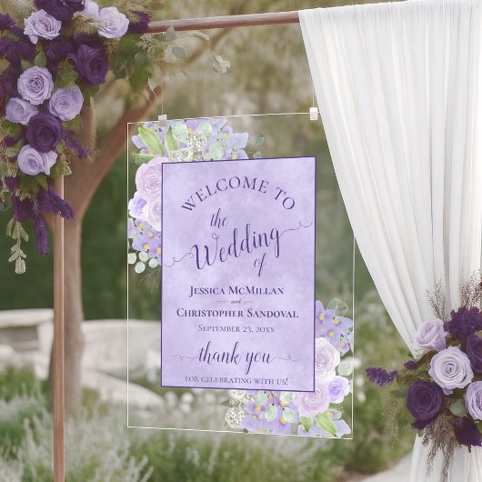 Lavender Purple Boho Chic Floral Wedding Welcome Acryl Bord