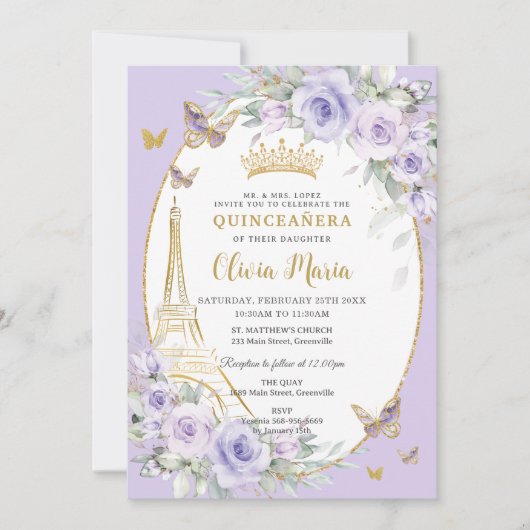 Lavender Purple Floral Butterflies Quinceañera 16 Kaart (Voorkant)