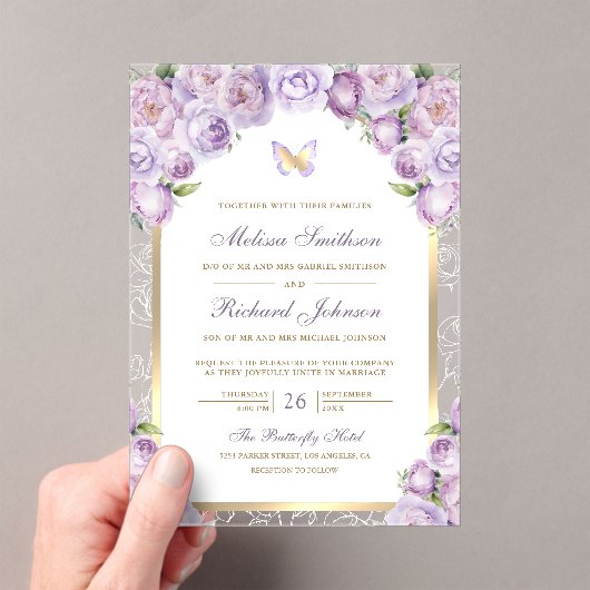 Lavender Purple Floral Gold Arch Butterfly Wedding Acryl Uitnodigingen (Insitu (Draagbaar))