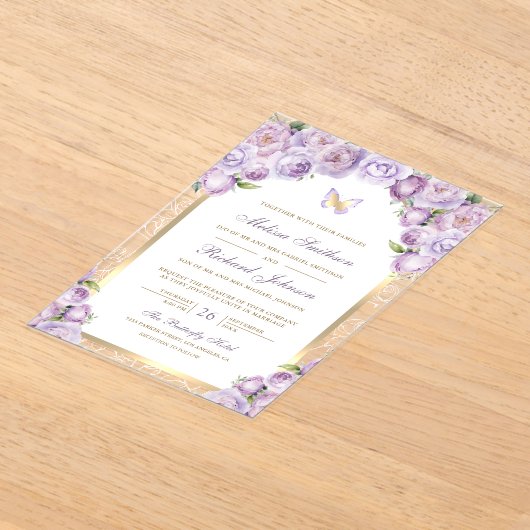 Lavender Purple Floral Gold Arch Butterfly Wedding Acryl Uitnodigingen (Laagn)