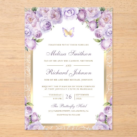 Lavender Purple Floral Gold Arch Butterfly Wedding Acryl Uitnodigingen (Voorkant)