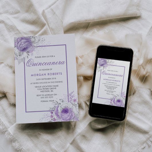 Lavender Purple Flowers Quinceanera Invite Kaart