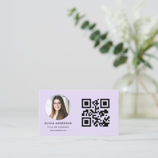 Lavender Purple Minimalist Photo with QR Code Visitekaartje (Staand voorkant)
