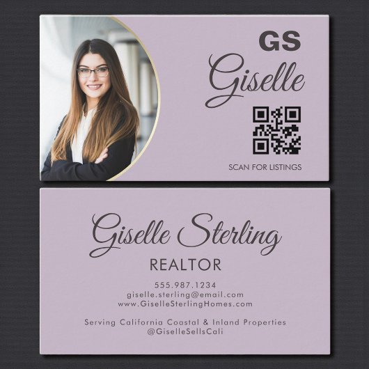 Lavender Purple Photo Monogram Realtor QR Code  Visitekaartje