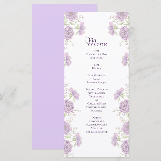 Lavender Purple Rose Wedding Menus Menu (Voorkant / Achterkant)