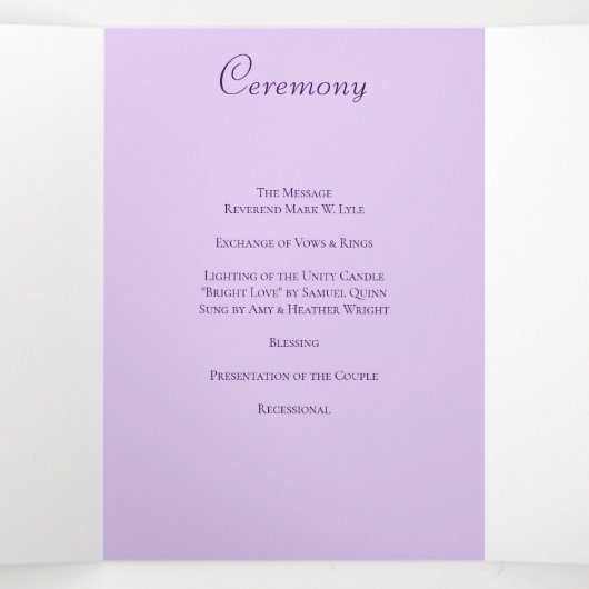 Lavender Purple Rose Wedding Programs Drieluik Programma (Binnenkant midden)