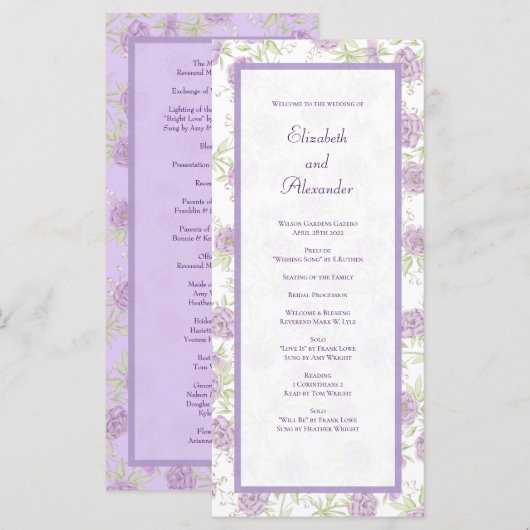 Lavender Purple Rose Wedding Programs Menu (Voorkant / Achterkant)