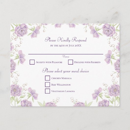 Lavender Purple Rose Wedding RSVP Feestdagenkaart (Voorkant)