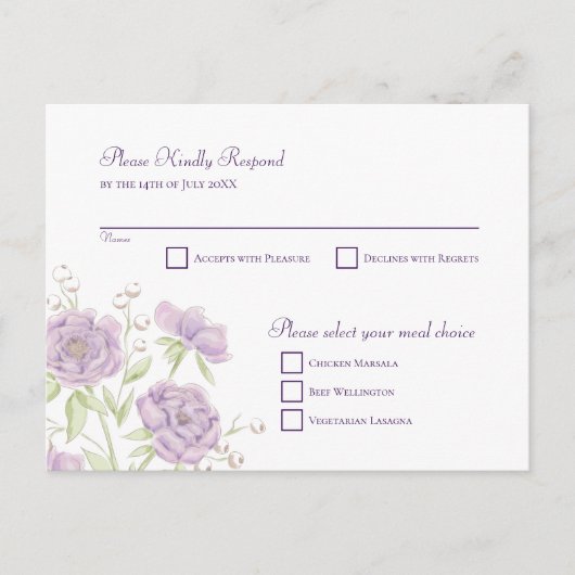 Lavender Purple Rose Wedding RSVP Reply Feestdagenkaart (Voorkant)