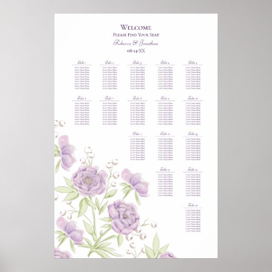 Lavender Purple Rose Wedding Seating Chart Poster (Voorkant)