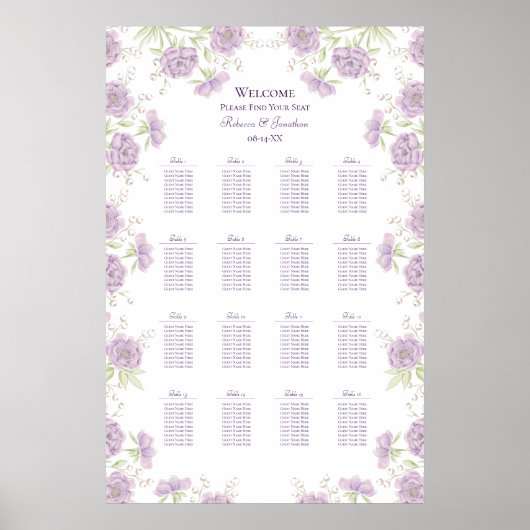 Lavender Purple Rose Wedding Seating Chart Poster (Voorkant)