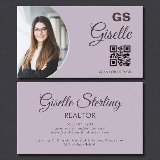 Lavender Purple Silver Monogram Realtor QR Code  Visitekaartje
