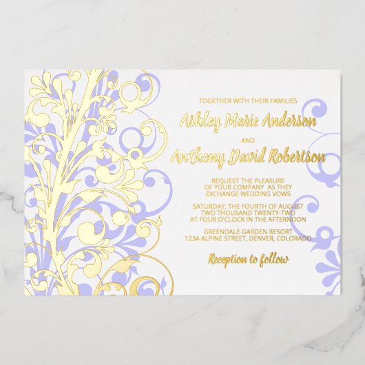 Lavender Real Gold Foil Floral Wedding Folie Uitnodiging (Voorkant)