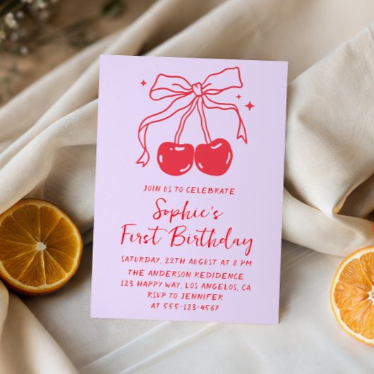 Lavender & Red Bow Cherry Fruit 1st Birthday Party Kaart