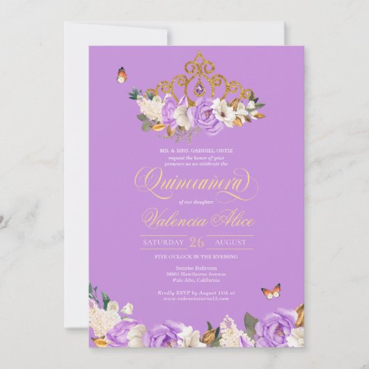 Lavender Roos Gold Tiara Butterfly Quinceanera Kaart (Voorkant)