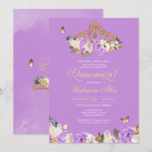 Lavender Roos Gold Tiara Butterfly Quinceanera Kaart (Voorkant / Achterkant)
