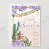 Lavender Roos Westerne Cactus Charro Quinceanera Kaart (Voorkant)