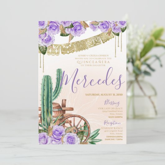 Lavender Roos Westerne Cactus Charro Quinceanera Kaart (Staand voorkant)