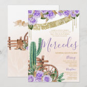 Lavender Roos Westerne Cactus Charro Quinceanera Kaart (Voorkant / Achterkant)