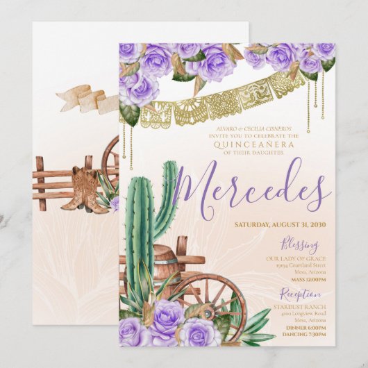 Lavender Roos Westerne Cactus Charro Quinceanera Kaart (Voorkant / Achterkant)
