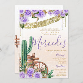 Lavender Roos Westerne Cactus Charro Quinceanera Kaart