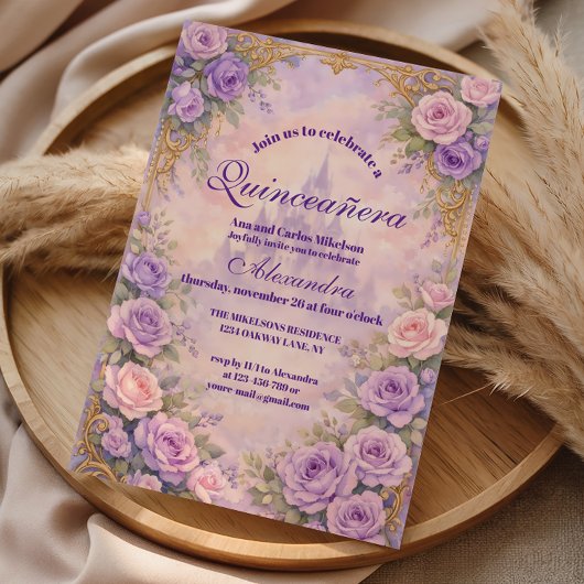 Lavender Rose Gold Garden Quinceañera Kaart
