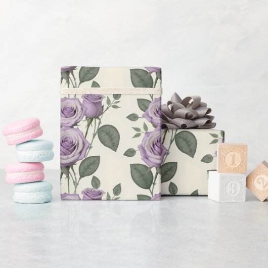 Lavender Roses With Silver And Green Leaves  Cadeaupapier (Baby Shower)