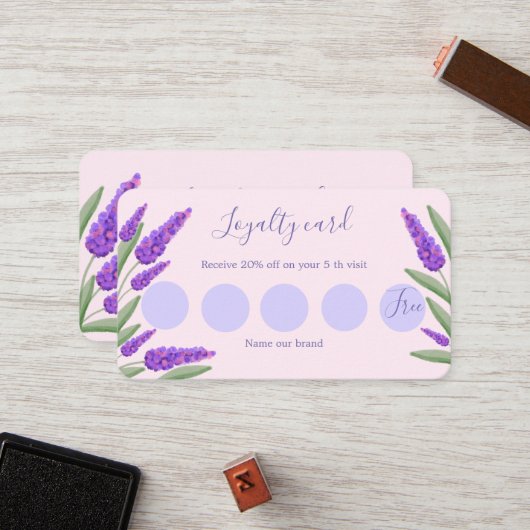Lavender, roze achtergrondkaart klantenkaartje (Voorkant / Achterkant in situ)