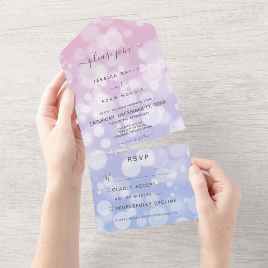 Lavender & Roze Bokeh Modern No Dinner All In One Uitnodiging (Afscheurbaar)