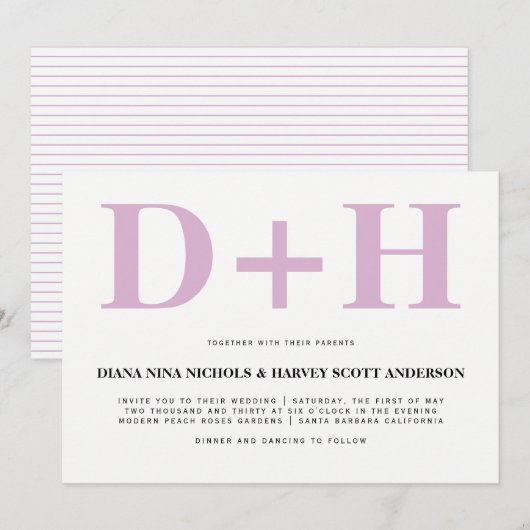 Lavender roze initialen bold typografie bruiloft kaart (Voorkant / Achterkant)