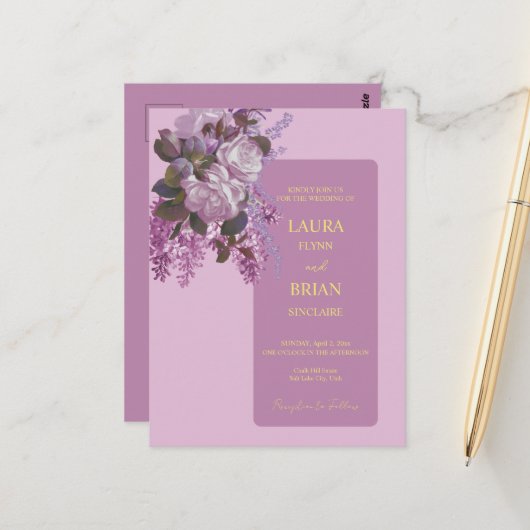 Lavender, Rozen en Lilacs, Budget Wedding Briefkaart (Voorkant / Achterkant in situ)