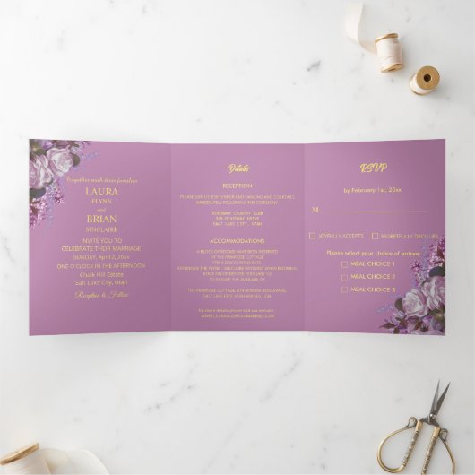 Lavender, Rozen en Lilacs, Wedding Drieluik Kaart (Binnen)