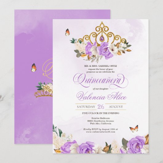 Lavender Rozen Gold Tiara Paarse Butterfly Quince Kaart (Voorkant / Achterkant)