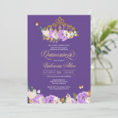 Lavender Rozen Royal Paars Gold Tiara Quinceanera Kaart (Staand voorkant)