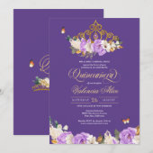 Lavender Rozen Royal Paars Gold Tiara Quinceanera Kaart (Voorkant / Achterkant)