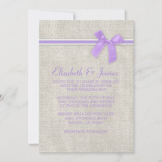 Lavender Rustic Burlap Wedding Invitations Kaart (Voorkant)