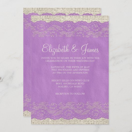 Lavender Rustic Lace Wedding Invitations Kaart (Voorkant / Achterkant)