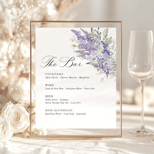Lavender & Sage Green Floral Wedding Bar Menu Reclamebord Met Voetstuk