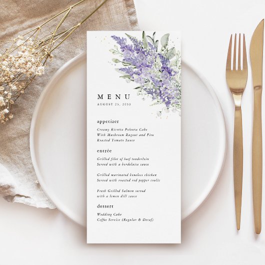 Lavender & Sage Green Floral Wedding Dinner Menu