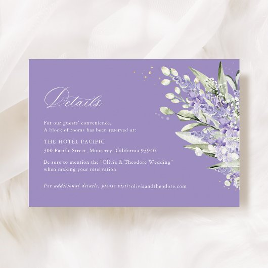 Lavender & Sage Green Floral Wedding Hotel Details Informatiekaartje
