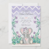 Lavender Schattig Elephant Girl Baby shower Stripe Kaart (Voorkant)