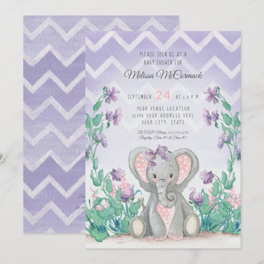 Lavender Schattig Elephant Girl Baby shower Stripe Kaart (Voorkant / Achterkant)